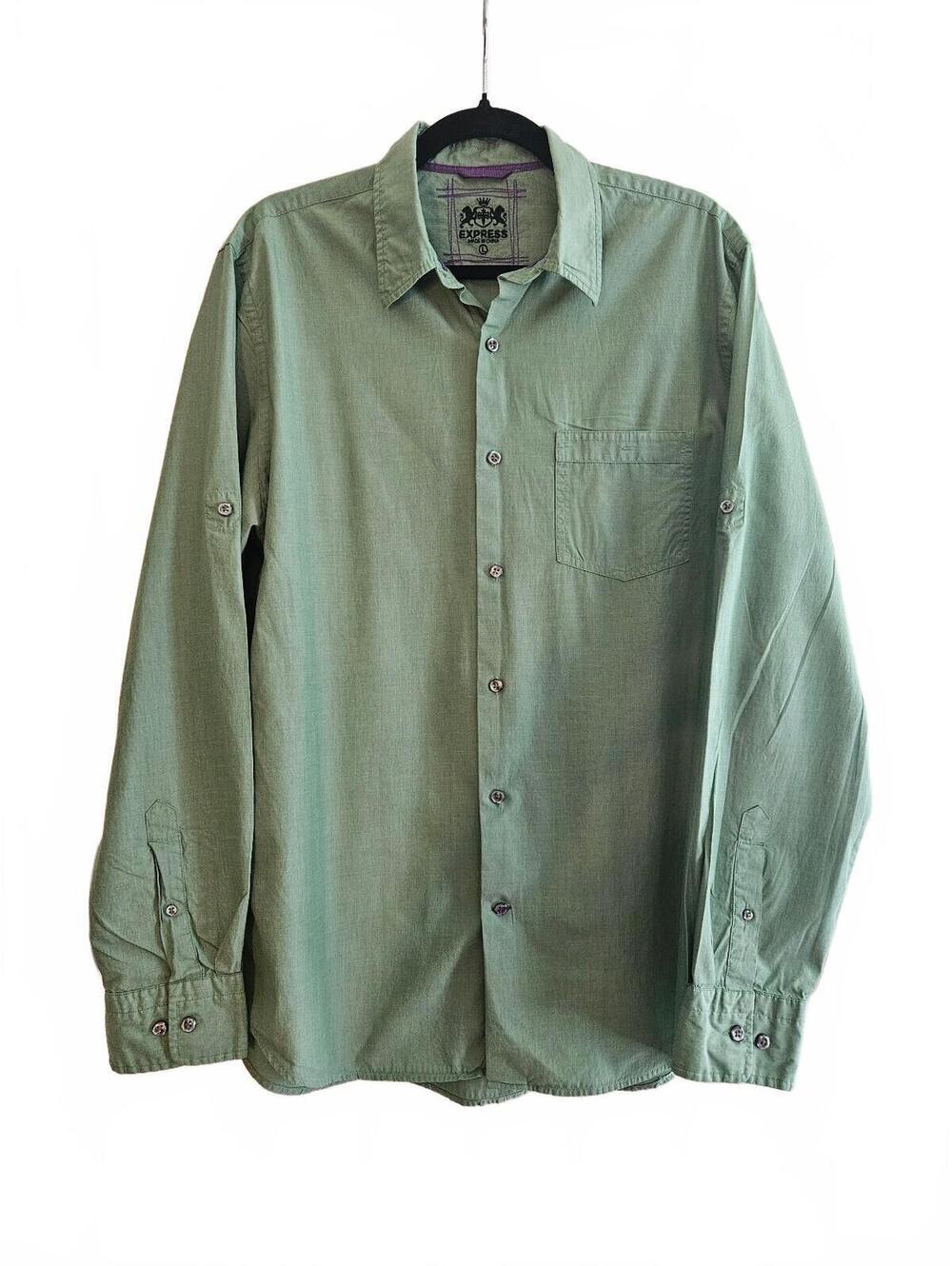 Express Men's Long Sleeve Button-Up Shirt in Green, Size Large-Gorpcore Vibes